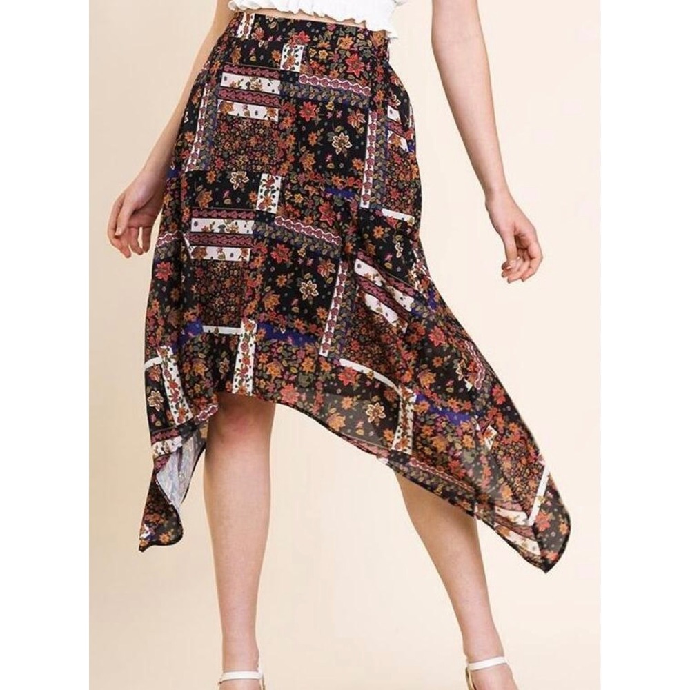 Umgee Women's Small‎ Asymmetrical Skirt Patchwork Handkerchief Cottage Boho